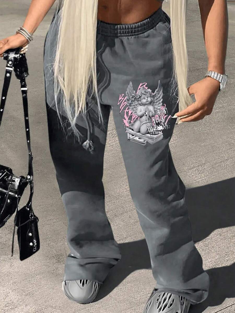 SHEIN 女士字母与天使印花抽绳腰直腿休闲运动裤 - 深灰色 - 查看 1