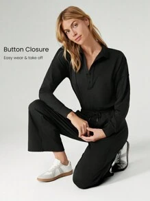 GLOWMODE Cloudknit Be Relaxed Adjustable Drawstring Waist Wide-Leg Lapel Long Sleeve Jumpsuit Bodysuit With Side Pockets Daily Casual