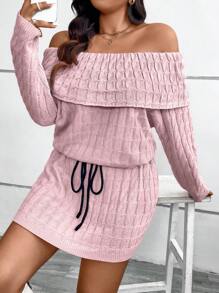 SHEIN LUNE 大码女式粉色连帽露肩系腰麻花针织休闲宽松中长连衣裙 - 粉色 - 查看 4