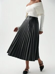 Lumivelle 优雅休闲的办公通勤风褶皱PU皮革A字中长裙 - 黑色 - 查看 3