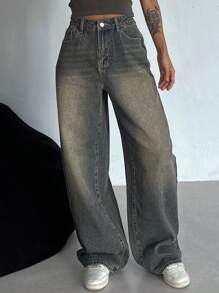 DAZY Quần Jeans Dài Xòe Rộng Cho Nữ - Màu xanh bụi bặm - Xem 6