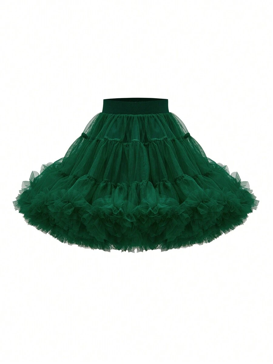 Rok Tutu Jala Mengembang Kasual Elegan Lucu untuk Anak Perempuan Remaja - Dark Green - View 1