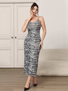Modelyn Graceful Mesh Cover-Up Jacket And Zebra Print Camisole Dress Set, Spring-Summer - Coffee Brown - View 6