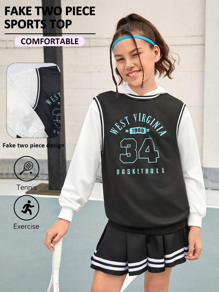 SHEIN 适合青少年女孩的超大款连帽衫,绿色运动图案印花,休闲宽松版型,适合滑板、篮球、羽毛球等运动,秋冬季穿着。 - 彩色 - 查看 1