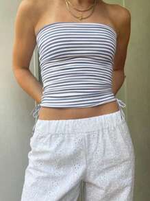 Chiquease Women's Fashionable Bandeau Backless Striped Design Tie-Up Blouse - Blue and White - View 8