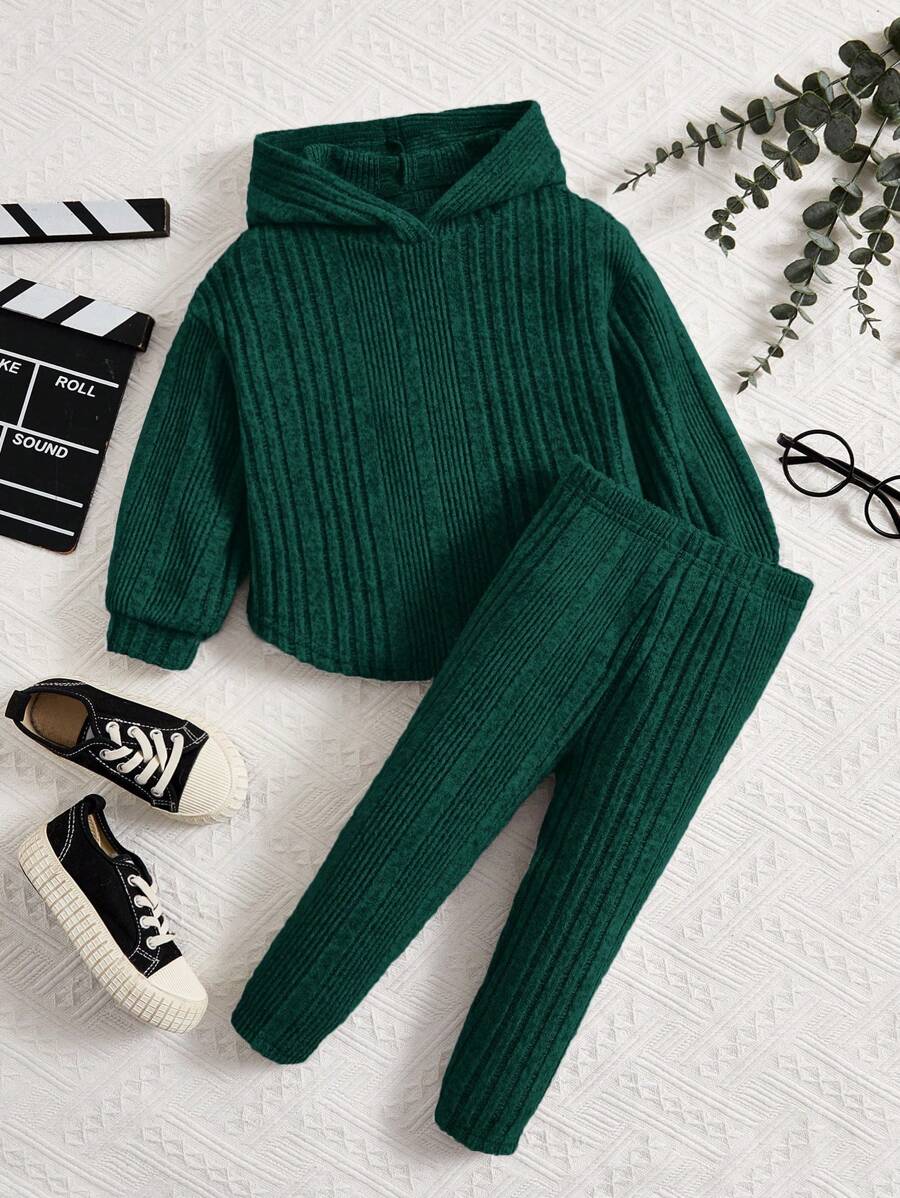 2 件装女婴罗纹连帽衫和长裤休闲装 - 綠色 - 查看 1