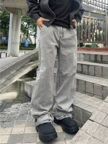 Claim Dot Men Loose Casual Versatile Wide-Leg Denim Pants - Light Grey - View 6