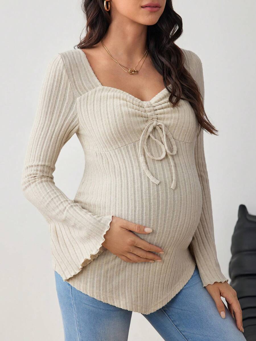 SHEIN Áo phông bà bầu tay loe phía trước có dây rút viền rau diếp viền bất đối xứng màu kaki xếp ly ngực viền vuông bỏ túi - màu nâu - Xem 1