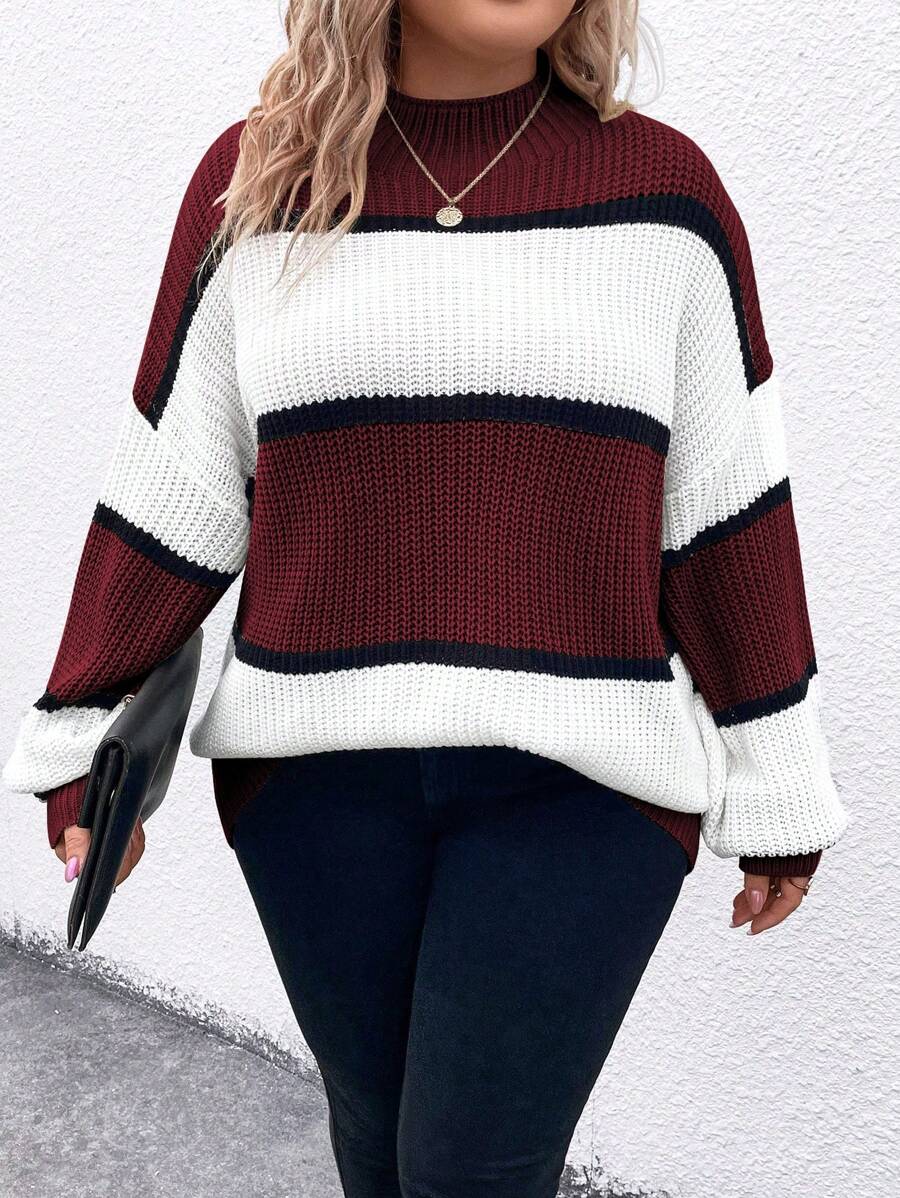 SHEIN LUNE 大码女式条纹落肩休闲套头毛衣，秋冬