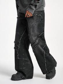 PAVTROS Manfinity Streetrush Men's Black Washed Denim Patchwork Loose Wide-Leg Pants Plain Wide Leg Oversize Jeans, For Husband, Boyfriend Gifts, Grunge - Black - View 1