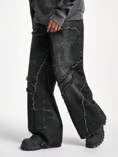 PAVTROS Manfinity Streetrush 男式黑色水洗牛仔布拼接宽松阔腿裤纯色阔腿超大牛仔裤，适合送给丈夫、男朋友的礼物，Grunge