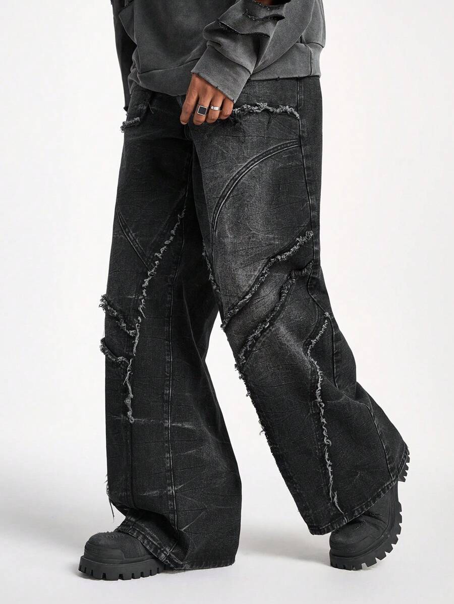 PAVTROS Manfinity Streetrush Men's Black Washed Denim Patchwork Loose Wide-Leg Pants Plain Wide Leg Oversize Jeans, For Husband, Boyfriend Gifts, Grunge - Black - View 1
