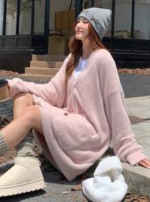 DAZY 女式 V 领长袖超大休闲开衫、七分袖上衣夹克秋冬 - 粉色 - 查看 4