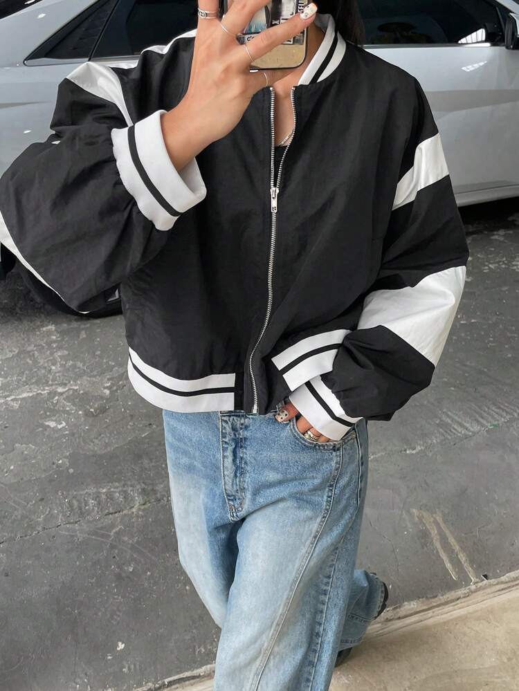 Women's Colorblock Zip-Up Long Sleeve Casual Jacket