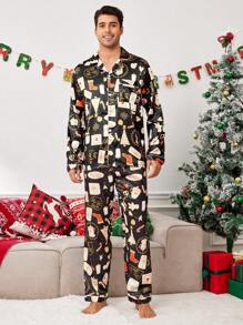 CoupledUp Regalos de Navidad para la pareja, conjunto de pijama de satén estampado para hombres - Negro - Ver 5