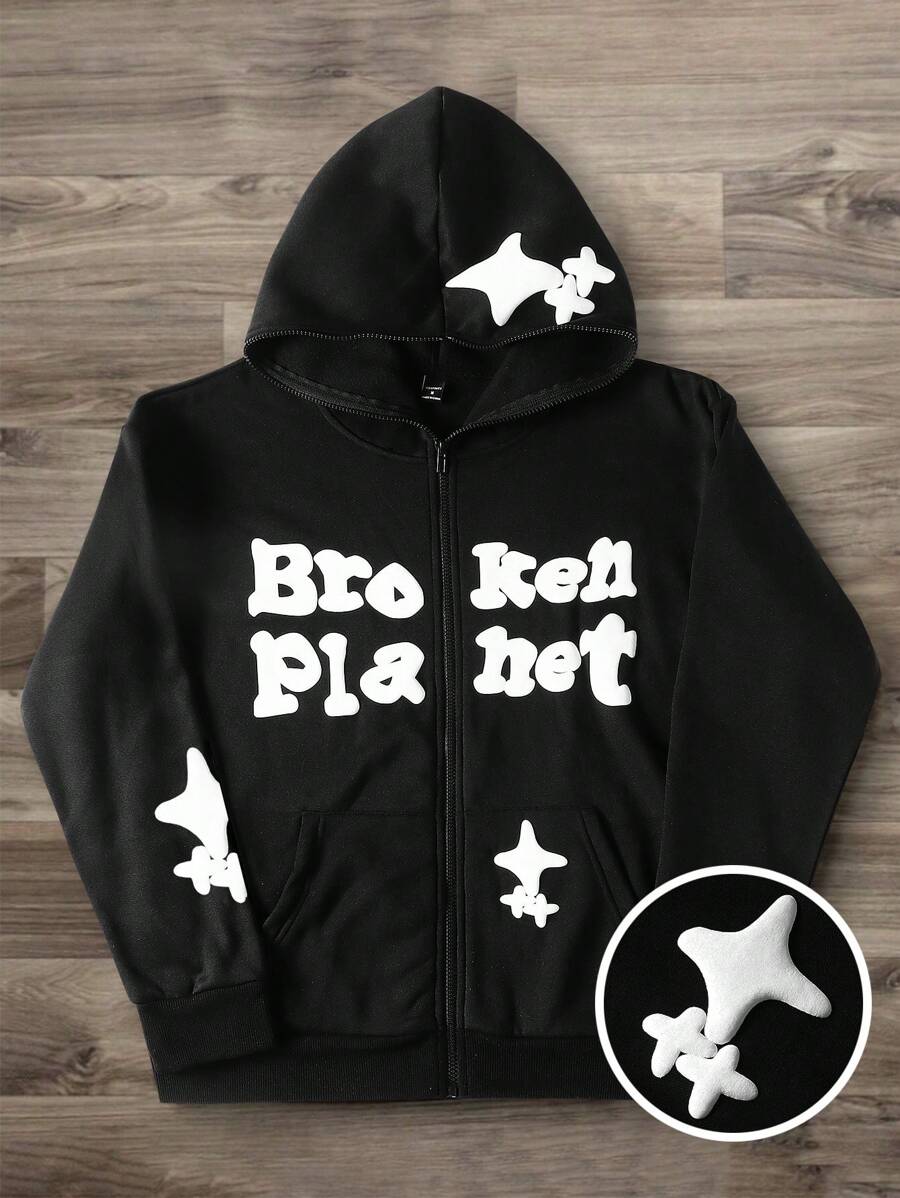 Manfinity EMRG sweat-shirt à capuche zippé avec imprimé slogan pour hommes, pour une utilisation casual, automne/hiver, sortie, manches longues, zip complet, idéal pour les amis, le mari, le petit-ami