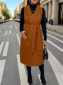 SHEIN Clasi Plus Lapel Neck Belted Vest Overcoat - Brown - View 4