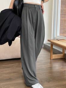 DAZY Women's Striped Loose Straight Leg Pants, Business Casual, Gray, All Season,Women Dress Pants - Grey - View 3