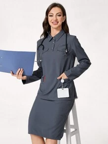 TaskEZ Plain Front Button Long Sleeve Pocket Minimalist Scrub Uniform Top - Grey - View 6