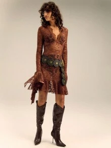 SHEIN Unity Sexy Paisley Pattern Lace V Neck Frill Cuff Long Sleeve Mini Dress - Brown - View 1