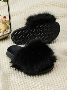 Girls Comfortable & Fashionable Plush Slippers, Summer - Black - View 2