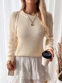 Chiquease Women's Solid Color Crew Neck Long Sleeve Simple Sweater, Casual Daily Wear Knit Pullover Fall Winter Outfit