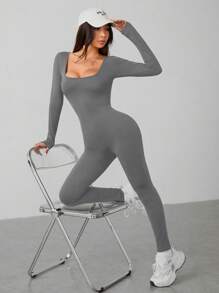 SHEIN PETITE Spring Scoop Neck  Long Sleeve Jumpsuit - Dark Grey - View 8