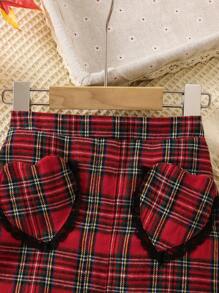 圣诞节少女优雅红色格子面料心形口袋 A 字裙 - 彩色 - 查看 3