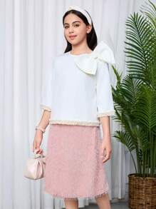 SHEIN Bộ 2 chiếc váy xòe và nơ lớn thường ngày cho bé gái tuổi teen, áo cánh tay 3/4 và váy xòe - Hồng - Xem 4
