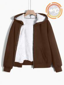 SHEIN EZwear Dames effen kleur voorkant rits lange mouw capuchon zak casual sweatshirt, lange mouwen tops
