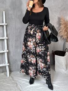 SHEIN VCAY Plus Size Autumn Winter Fashion New Arrival, French Style Contrast Floral Print Jumpsuit, Fashion , Knit, Woven, Party, Back To School - Multicolor - View 5