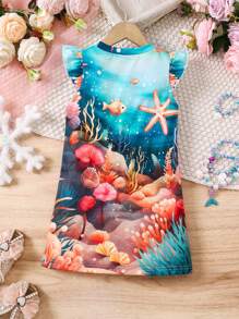 SHEIN Young Girl Casual Comfortable Breathable Cartoon Frozen Princess Cap Sleeve Printed T-Shirt Dress, For Outdoor - Multicolor - View 2
