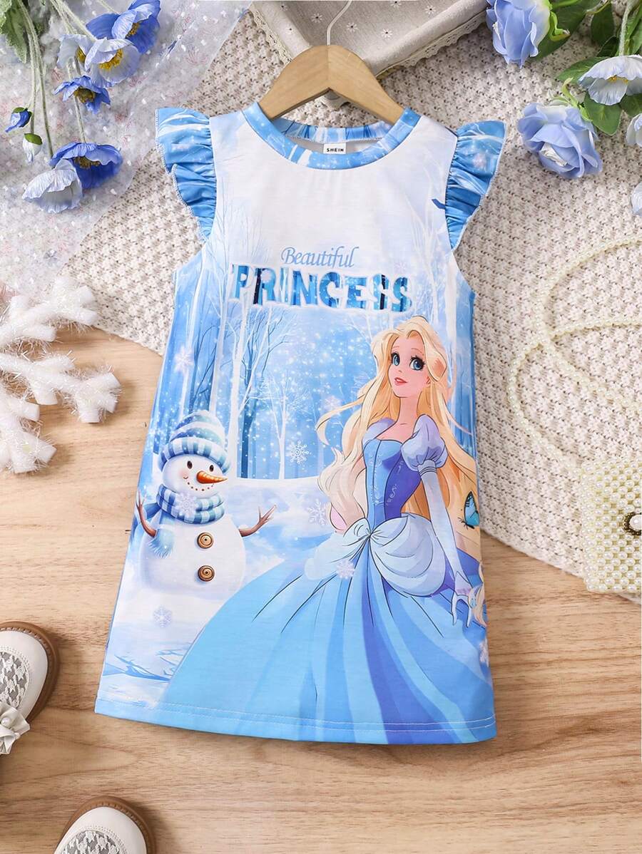 SHEIN Young Girl Blue Casual Cute Cartoon Frozen Princess Cap Sleeve Comfortable Breathable Printed T-Shirt Dress