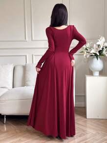 Feyla Vestido largo elegante de mujer color rojo burdeos con cintura ajustada, para primavera y otoño - Burdeos - Ver 7
