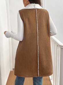 Flirla Plus Size Retro Fuzzy Suede Fur Sleeveless Vest Jacket, Autumn/Winter - Brown - View 2