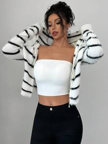 SHEIN Essnce 女式条纹长袖全拉链前连帽开衫，适合秋冬季 - 黑與白 - 查看 7