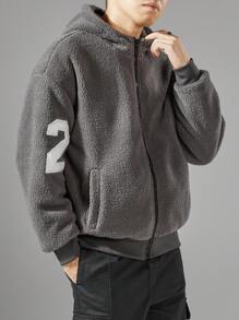Manfinity Homme Áo khoác nam dài tay in chữ, trễ vai, có mũ trùm đầu, đệm, mùa thu đông - Xám - Xem 4
