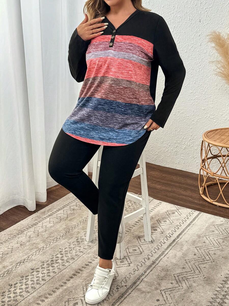 SHEIN VCAY 2 件大码女式条纹 V 领长袖上衣和长裤休闲装 - 彩色 - 查看 1