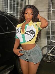 Slaydiva Women Spring And Autumn Short Sleeve Patterned Single-Breasted Cropped Cardigan - Green - View 4