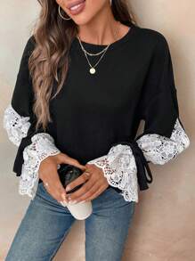 EMERY ROSE Áo nỉ dài tay ren tương phản cho nữ - Đen và trắng - Xem 7