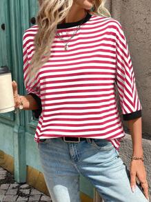 SHEIN LUNE Czarno-biała, w paski, patchworkowa, pomarańczowa, swobodna, uliczna koszulka z długim rękawem dla kobiet - Czerwony - Zobacz 5