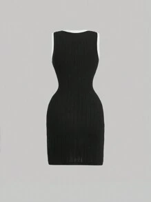 SHEIN MOD Contrast Color Black & White Crew Neck Mini Dress For Women - Black and White - View 2