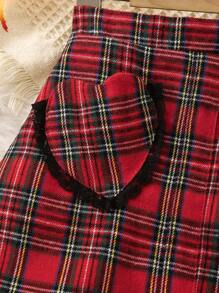 圣诞节少女优雅红色格子面料心形口袋 A 字裙 - 彩色 - 查看 4