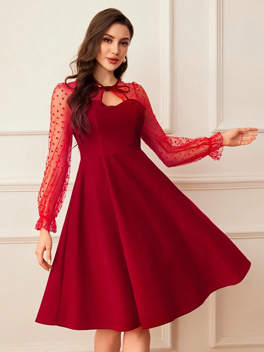 Vintamour Vestido elegante y vintage de ajuste ceñido para fiesta de Navidad de mujer, con mangas largas con diseño de empalme de malla y falda acampanada, disfraz calado, atuendo de mujer para Acción de Gracias, ropa de otoño, disfraz de princesa, vestido de mujer para Navidad, baile de máscaras, vestido elegante sexy rojo, disfraz de hada, vestido para el Día de San Valentín, vestido de cumpleaños para mujer, vestidos elegantes para mujer con lazo - Rojo - Ver 1