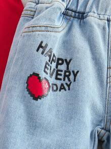 SHEIN Baby Girl Casual Solid Color Collar Top & Slogan Heart Printed Ripped Jeans Set, Spring Summer - Red - View 6