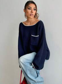 Flirla Suéter holgado de punto con bolsillo, de manga larga, con borde de color contrastante, para mujer, de otoño e invierno