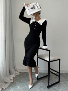 Selianne Elegant Black And White Contrast Ruffle Trim Fitted Sweater Dress, Spring/Fall - Black - View 3