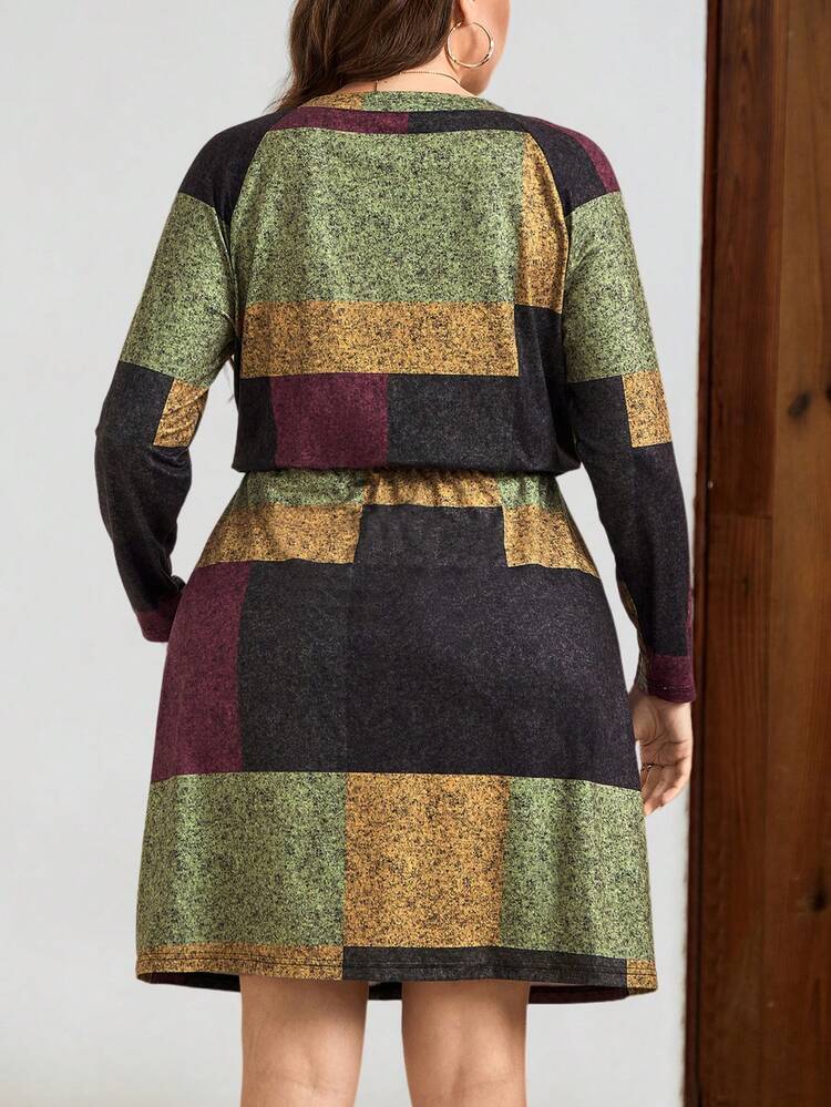 Plus Size Geometry Graphic Print Fall Women Clothes Dress With Pockets,Fall Women Clothes