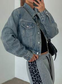 DAZY 女士短腰收腰牛仔夹克 - 中等水洗藍 - 查看 3