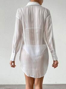 SHEIN Swim 条纹雪纺宽松长袖衬衫领设计度假女士罩衫夏季 - 白色 - 查看 6